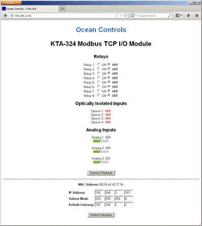 Modbus TCP I/O Module (3 analog inputs, 4 opto-isolated digital  inputs, 8 relay outputs)