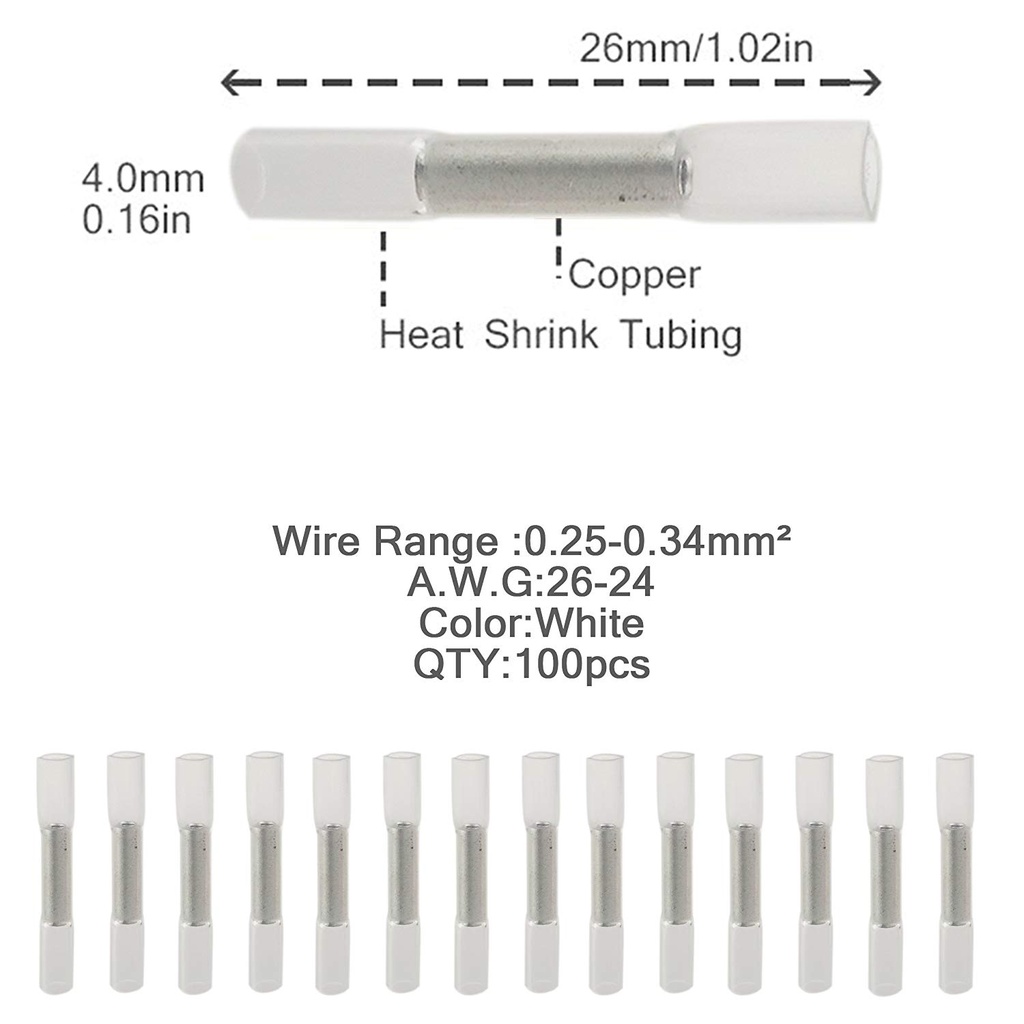 100pcs Insulated Heat Shrink Butt Wire Electrical Crimp Terminal Connector 26-24AWG white