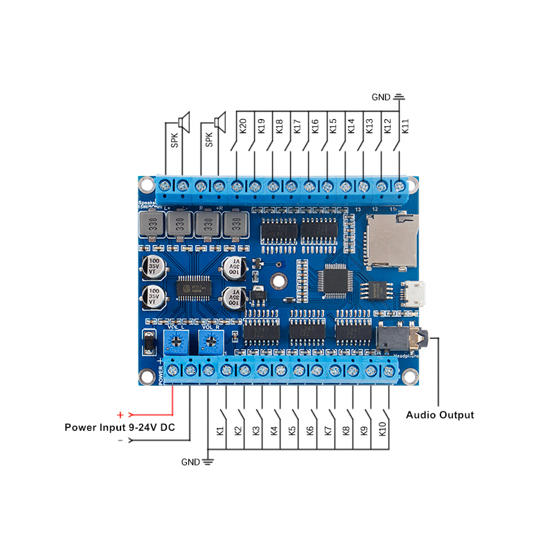 20 Trigger Inputs MP3 Sound Playback Board with 2 x 25 Watts Amplifier Miniature