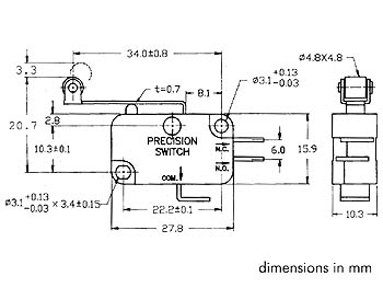 Micro Switch 12A, Long Lever with Roller