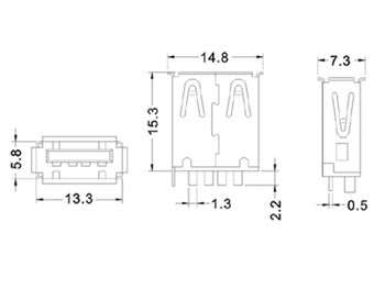 USB A Female, Single Connector 180, PCB Mount