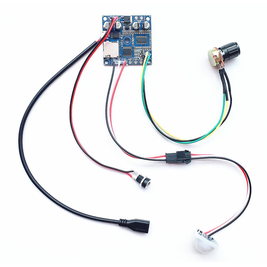 Motion Sensor MP3 Player Module with Load Output (PIR, Power connector, POT and USB extention attached)
