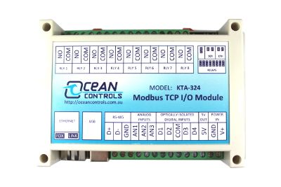 [KTA-324] Modbus TCP I/O Module (3 Analog Inputs, 4 Opto-Isolated Digital Inputs, 8 Relay Outputs)